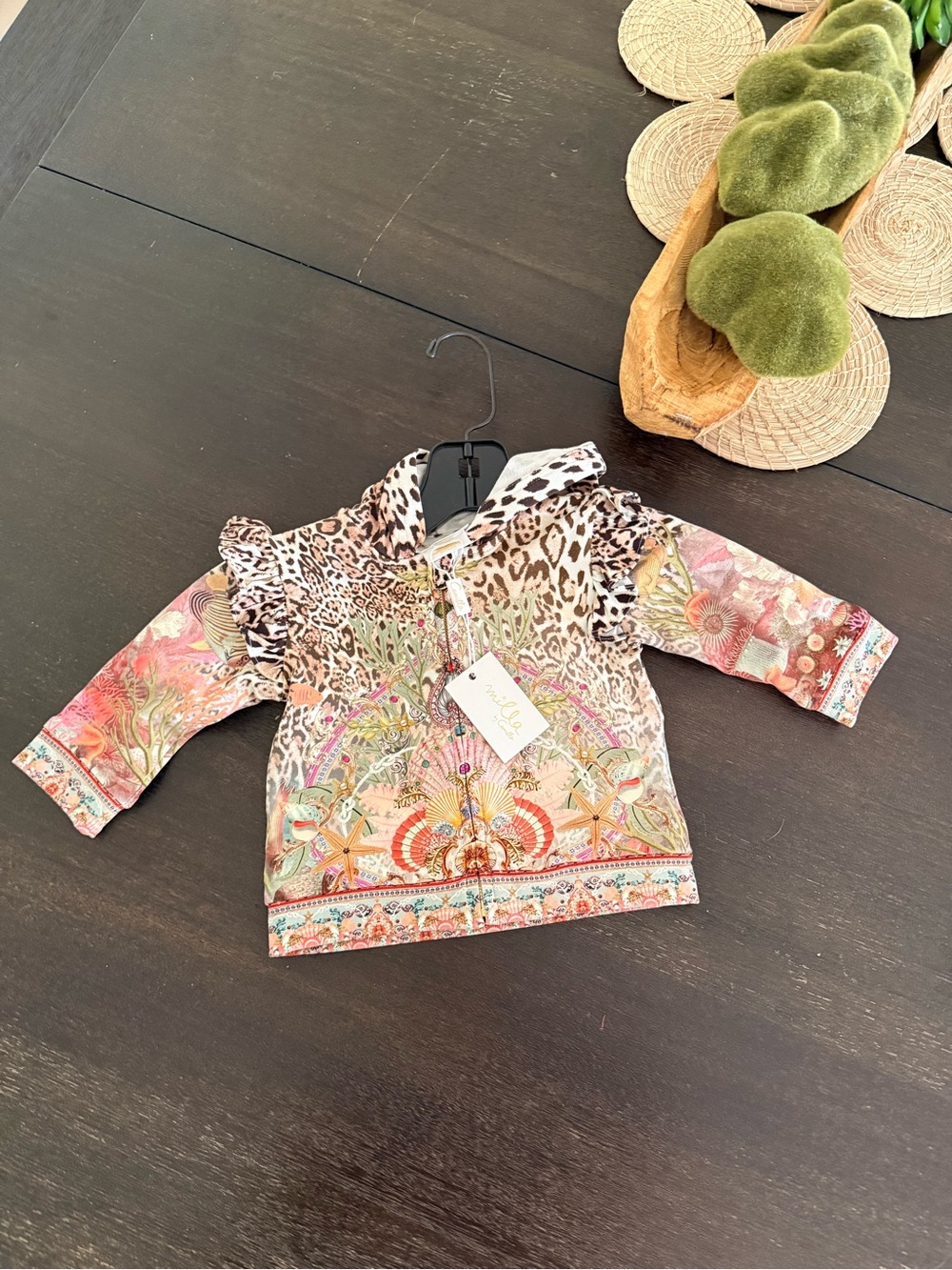Camilla Mixed-Print Zip Front Hoodie in Pink, Green and Tan